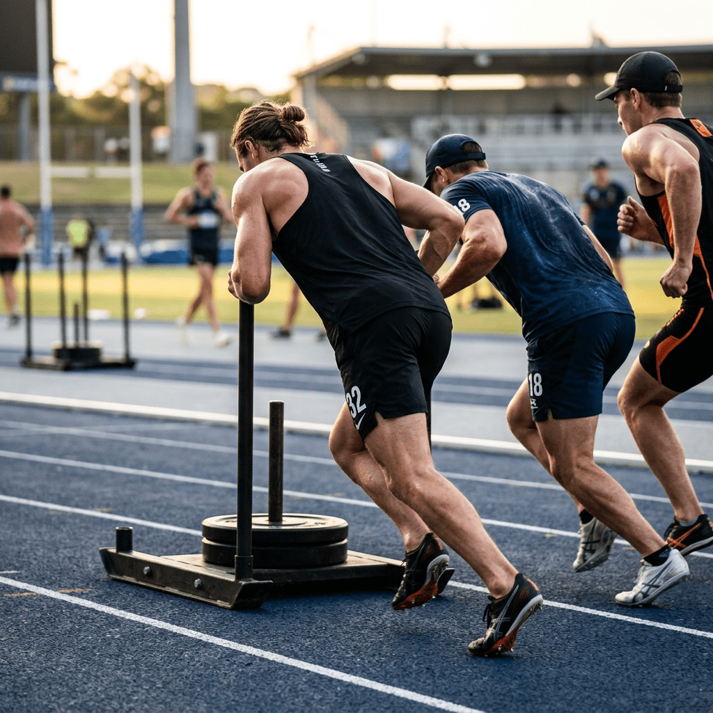 Three male athletes sprinting on a track while pulling weighted sleds